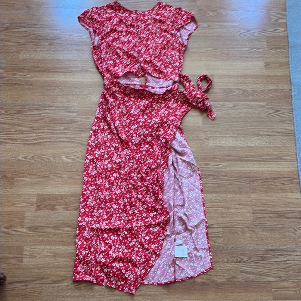 Reformation floral wrap dress with cap sleeves and crop top